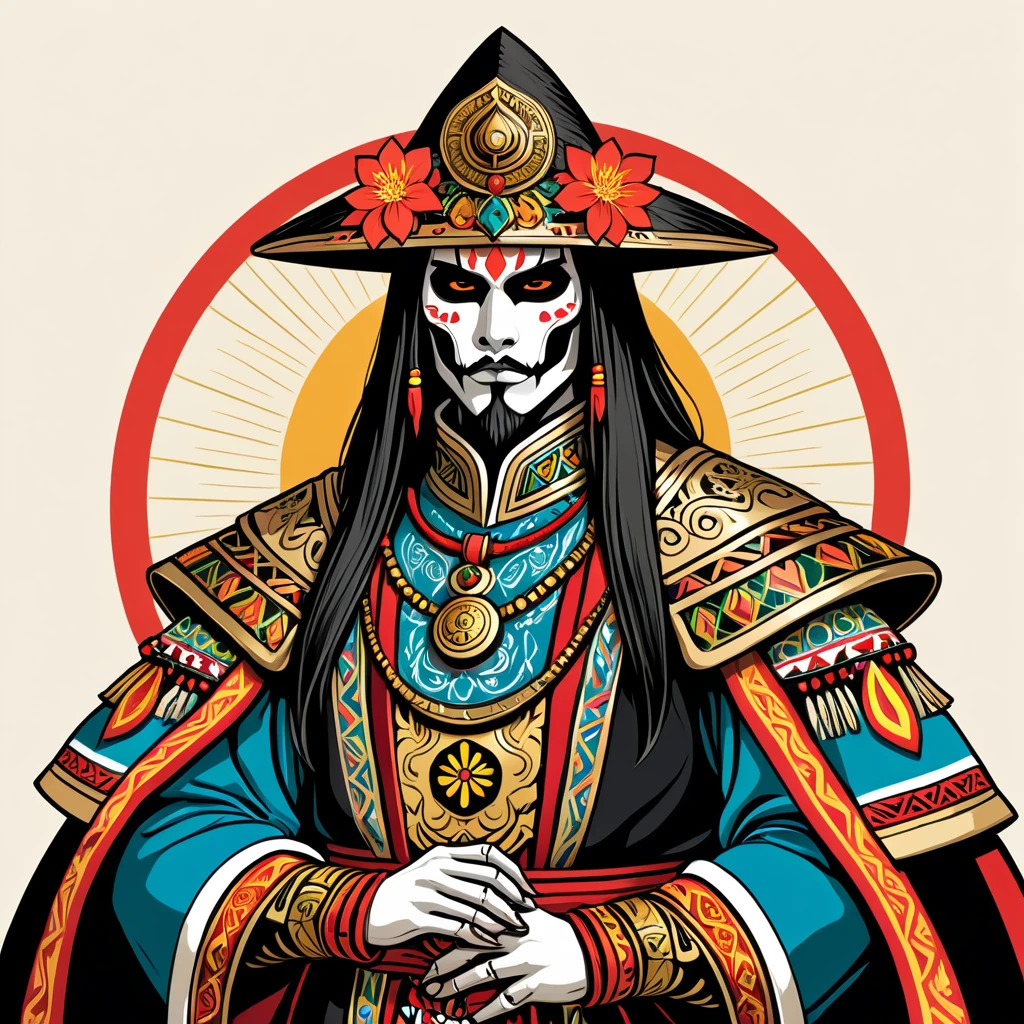 japanese necromancer paladin in peruvian folk outfit, vector graphics, strong contours