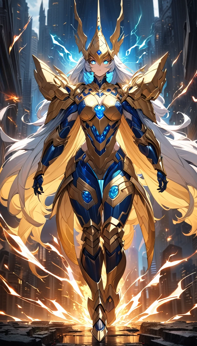 A woman adorned in fantasy-style full-body armor, a crown-concept fully enclosed helmet that unveils only her eyes, a composite layered chest plate, fully encompassing shoulder and hand guards, a lightweight waist armor, form-fitting shin guards, the overall design is heavy-duty yet flexible, ((the armor gleams with a golden glow, complemented by red and blue accents)), exhibiting a noble aura, she floats above a fantasy-surreal high-tech city, this character embodies a finely crafted fantasy-surreal style armored hero in anime style, exquisite and mature manga art style, (Queen bee mixed with Spider concept Armor, plasma, blood), ((Element, energy, elegant, goddess, femminine:1.5)), metallic, high definition, best quality, highres, ultra-detailed, ultra-fine painting, extremely delicate, professional, anatomically correct, symmetrical face, extremely detailed eyes and face, high quality eyes, creativity, RAW photo, UHD, 32k, Natural light, cinematic lighting, masterpiece-anatomy-perfect, masterpiece:1.5