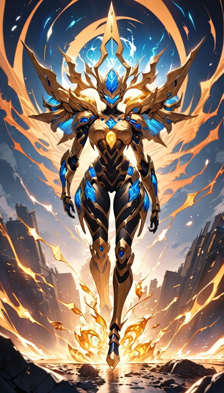 A woman adorned in fantasy-style full-body armor, a crown-concept fully enclosed helmet that unveils only her eyes, a composite layered chest plate, fully encompassing shoulder and hand guards, a lightweight waist armor, form-fitting shin guards, the overall design is heavy-duty yet flexible, ((the armor gleams with a golden glow, complemented by red and blue accents)), exhibiting a noble aura, she floats above a fantasy-surreal high-tech city, this character embodies a finely crafted fantasy-surreal style armored hero in anime style, exquisite and mature manga art style, (Queen bee mixed with Spider concept Armor, plasma, blood), ((Element, energy, elegant, goddess, femminine:1.5)), metallic, high definition, best quality, highres, ultra-detailed, ultra-fine painting, extremely delicate, professional, anatomically correct, symmetrical face, extremely detailed eyes and face, high quality eyes, creativity, RAW photo, UHD, 32k, Natural light, cinematic lighting, masterpiece-anatomy-perfect, masterpiece:1.5