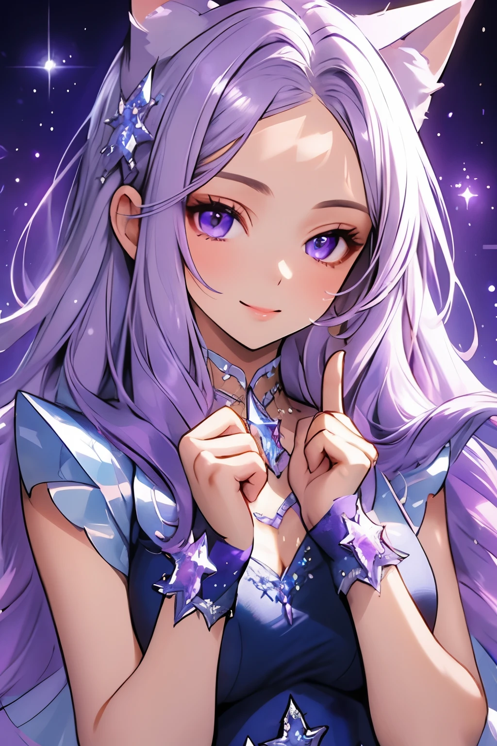 ((best quality)), ((masterpiece)), (detailed), detailed eyes, detailed hands, close up image of her face, female, light purple hair, light purple fox ears, detailed crystal star on her forehead, delicate and beautiful detailing, beautiful face, well-proportioned detailed purple eyes, round detailed purple eyes and makeup, beautiful detailed and clear purple eyes, volume smooth and sharp, best quality, very beautiful and meticulous crystal star on forehead, delicate, mouth closed smile, not fully smiling, gazing out in wonder