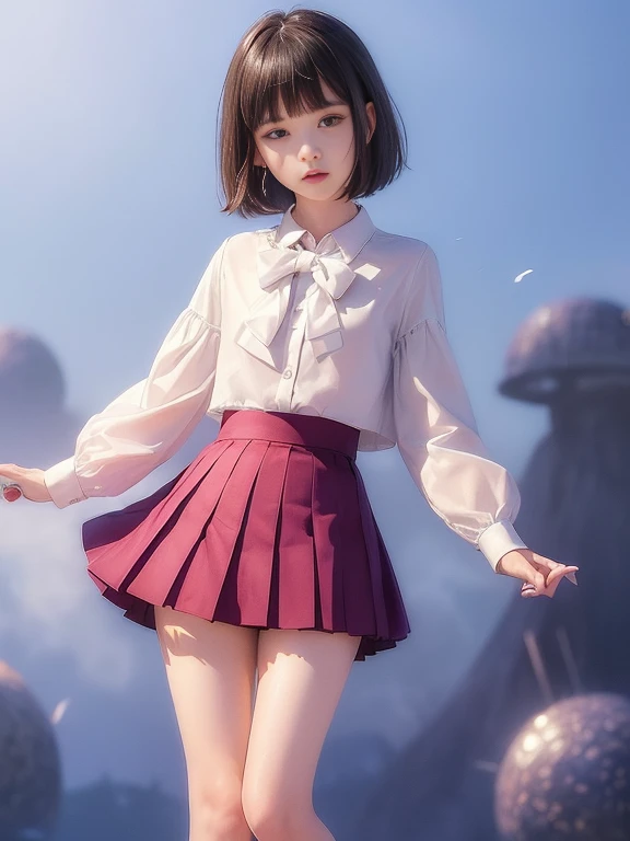 (masterpiece、Highest quality:1.7)、(12 years old:1.5)、(Full body shot:1.8)、Bobcut、Black Hair、85mm、16K、Official Art、RAW Photos、Best Beautiful Faces、Close-up、Violet、Gardenia、((The best beautiful girl、very cute))、Red blush on cheeks、((In the office))、(Are standing:1.8)、Film Grain、Chromatic Aberration、Sharp Focus、(((Nice hands、Perfect hands、Perfect Fingers、Thin and delicate fingers、A perfect body without flaws)))、Detailed face、(Slender body:1.5)、(Slender body:1.3)、(Slim upper body:1.2)、(Small and flat bust:1.7)、(Narrow thighs:1.5)、(Let your bangs hang down:1.8)、(Blushing:1.8)、(Low contrast lighting:1.4)、(襟t付きのwhiteタイトビジネスブラウス:1.5)、((white)Bowtie blouse:1.5)、(Long sleeve: 1.4)、(The length is very short(white)Pleated mini skirt:1.7)、(whiteスクールソックス:1.5),(Cover your chest with your palms:1.7),(The wind is blowing up her skirt:2.0),(Low angle from below:1.6)