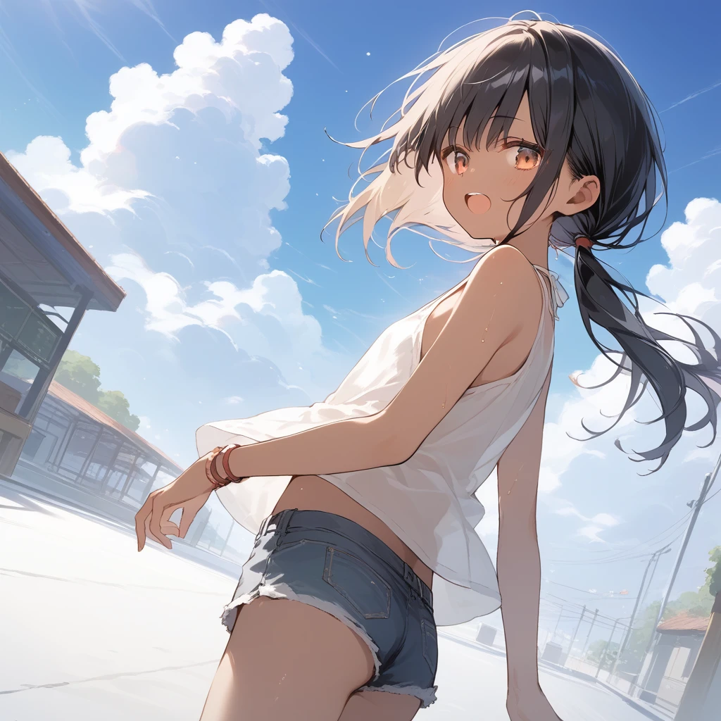 score_9, score_8_up, score_7_up, source_anime, best quality, masterpiece, official art, absurdres, highres, ultra-detailed,waifu2x,Collection: Slice of Life,break,1girl, tomboy, dark-skinned female, short hair, low ponytail, flat chest, beautiful detailed eyes, short shorts, sweat, open mouth, (yawn:0.3), sleepily, outdoors, wind,break,(clear line illustration:1.2), super detailed skin,very high resolution, very aesthetic, Best sexual lighting powered by famous artist, 8k,cute picture,beauty illustration,photoshop_(medium),,(Detailed Lighting),best anime 8k konachan wallpaper, pixiv contest winner,