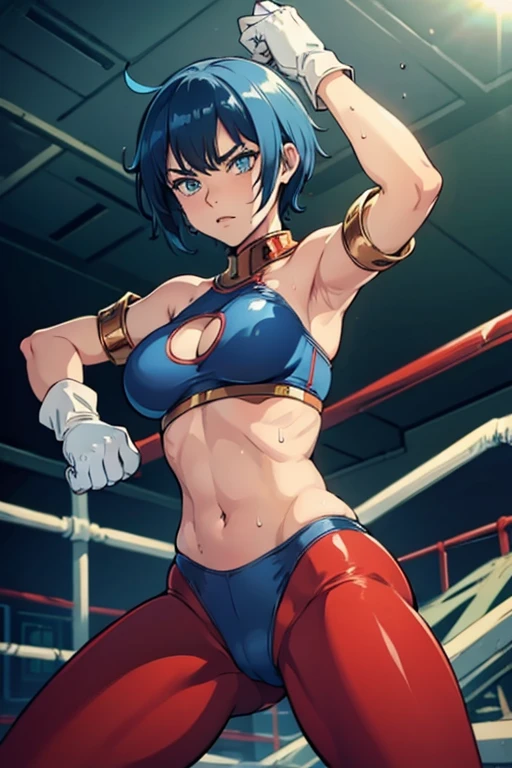 (best quality,masterpiece,ultra highres,cel anime,8k:1.2),(1man:1.5),1mature woman in(short blue haired,30years old), BREAK (in the ruins:1.5),(dark night:1.1),(abs:0.8), BREAK (blue leotard in red line:1.3), BREAK (red yoga pants:1.4), BREAK (white gloves:1.4), BREAK (navel cutout:1.5),(sweat:1.2),(sholder bare), BREAK (selious, scowl:1.2),(motion blur),(fighting stance:1.3),(punching,rushpunch:1.4),