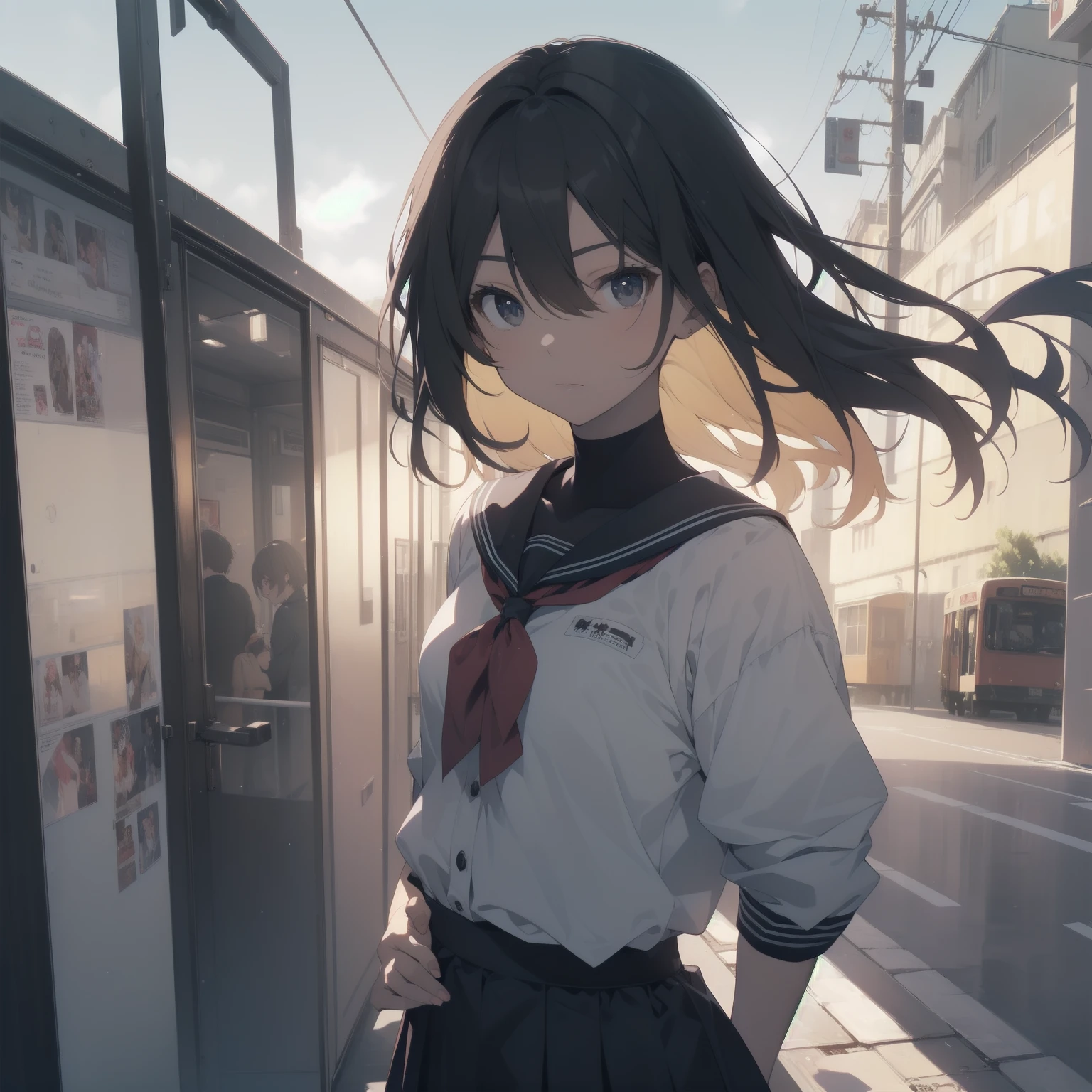 ultra-absurdres-Top quality by artist God, ultra-detailed, high resolution, anime moe artstyle, best anime 8k konachan wallpaper, pixiv contest winner, pool:2810, perfect anatomy,break, 1girl, (Please draw a girl walking sleepily to school alone. )break,(Solo,little female, -yeld:1.Full limbs, complete fingers,a junior hihort hair), short cut, flat chest, , small butt, small black eyes, beautiful detailed eyes, well-proportioned iris and pupils, expressive eyes, highres detailed hair, soft expression, salor school_uniform, sailor collar, serahuku, bow, pleated skirt,(Detailed Lighting), (Detailed background), in the School commute route. break,super detailed skin, Best cinematic lighting powered by famous artist, 8k,beauty illustration,photoshop_(medium),very aesthetic,break,((artist:yuuhagi_(amaretto-no-natsu) )), artist:clamp ,artist:carnelian ,artist:kantoku ,