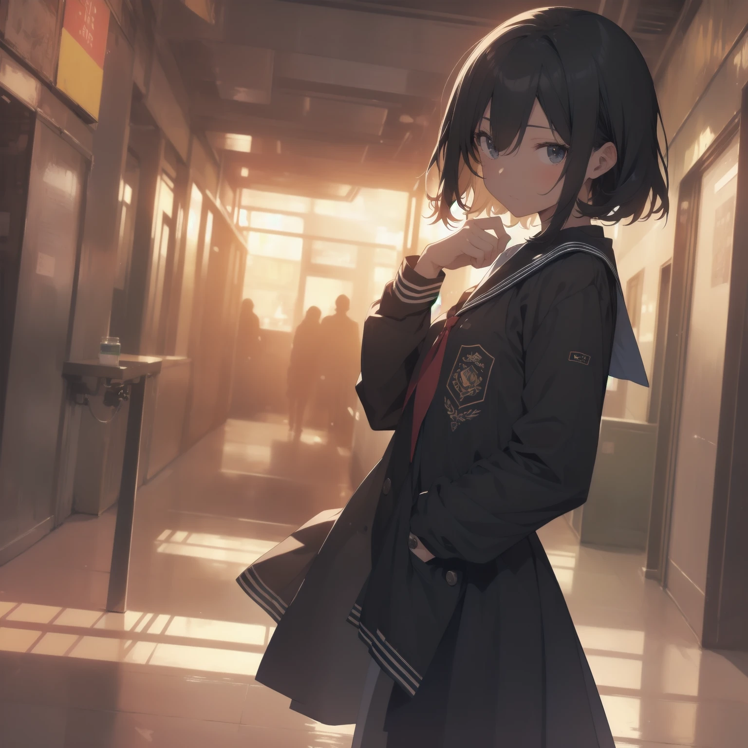 ultra-absurdres-Top quality by artist God, ultra-detailed, high resolution, anime moe artstyle, best anime 8k konachan wallpaper, pixiv contest winner, pool:2810, perfect anatomy,break, 1girl, (Please draw a girl walking sleepily to school alone. )break,(Solo,little female, 13-year-old:1.3),Full limbs, complete fingers,a junior high school student, (very short hair), short cut, flat chest, , small butt, small black eyes, beautiful detailed eyes, well-proportioned iris and pupils, expressive eyes, highres detailed hair, soft expression, salor school_uniform, sailor collar, serahuku, bow, pleated skirt,(Detailed Lighting), (Detailed background), in the School commute route. break,super detailed skin, Best cinematic lighting powered by famous artist, 8k,beauty illustration,photoshop_(medium),very aesthetic,break,((artist:yuuhagi_(amaretto-no-natsu) )), artist:clamp ,artist:carnelian ,artist:kantoku ,