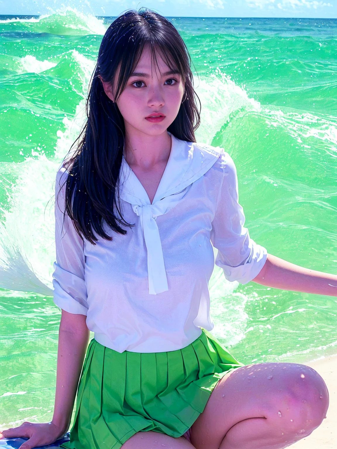 (((Top-down configuration:1.33)))、((No underwear:1.55))、One Girl、Beautiful and detailed eyes and face、barefoot、20 year old cute Japan woman, ((Extremely precise and accurate anatomy:1.0)), (photo Realistic:1.4), (hyper Realistic:1.4), (Highest quality realistic skin texture:1.4), (Improvement of quality:1.4), (Enhances the beauty of skin texture:1.1), Clean and glowing skin, mesh, thin:1.2, (Realistic:1.3), Realistic lighting, (Smoother lighting:1.05), (Improving the quality of cinema lighting:0.9), Backlight, A gentle light shining on your face, Ray Tracing, (Bright light:1.2), 32K, One Japanese woman, fine grain, Detailed face, (Film Grain:1.1),(Accentuates body lines:1.1), High resolution, Natural look, Kind eyes, Improves hair quality, Delicate light and shadow, Transparent muscle, Graceful pose, Beautiful Eyes, Sharp details, Soft light reflection, Beautiful contours, Delicate skin tone, Fine hair texture, Natural background, (((sunny day、Beach、A strong wind is blowing、Her hair and skirt are flying、squat, Traditional navy blue sailor uniform、Open shirt、Pleated skirt、Scooping seawater with hands:1.25、splash、Sandy Beach、Light of the sun、clear blue sea、The waves crash quietly、Blue sky and white clouds、green mountain々、Beautiful Nature、The joy of youth)))、(big breast size)
