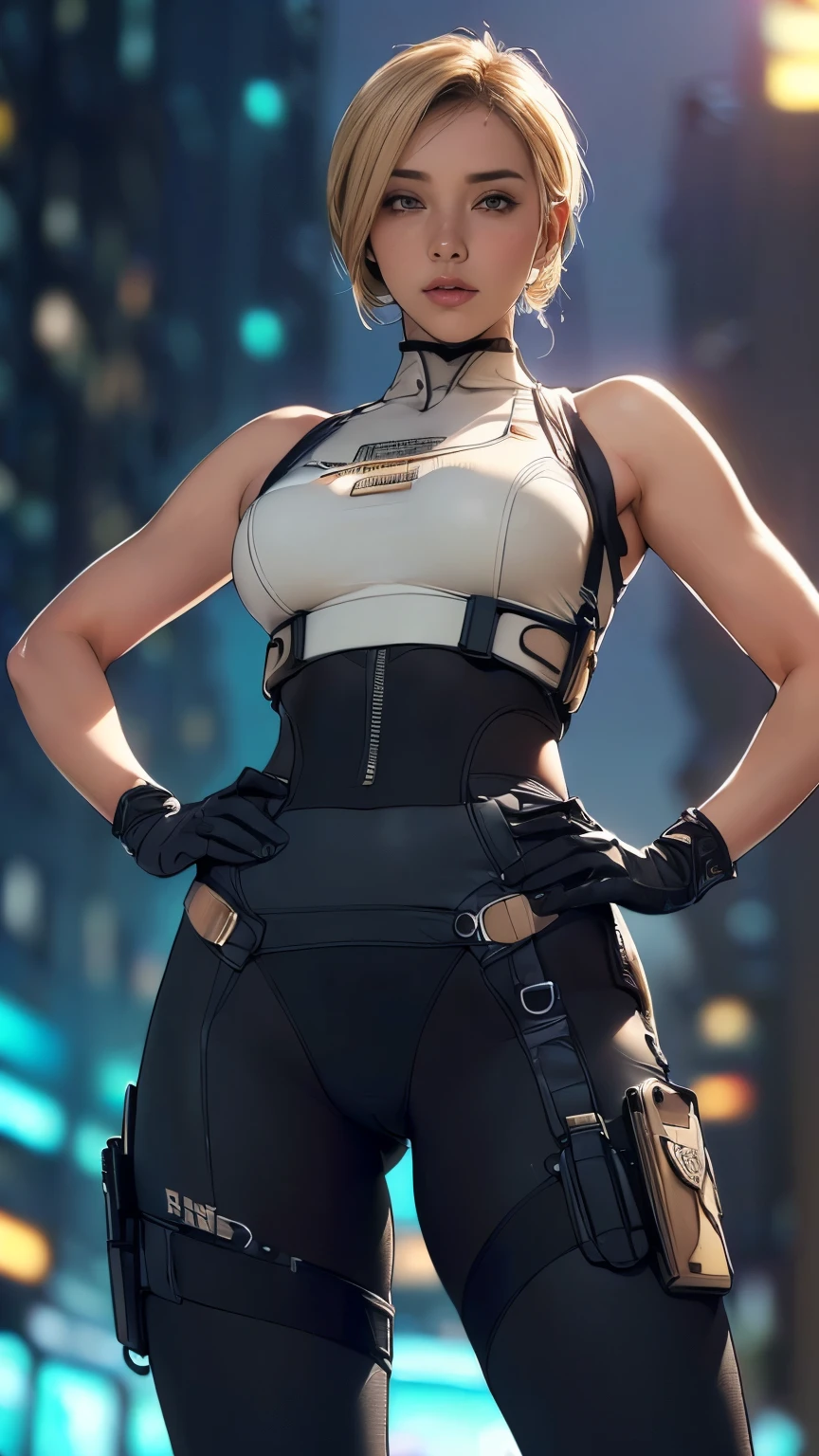 (A woman),(((Future female police officer standing))),((Black Tactical Tights:1.5)),((Camel toe:1.5)),((earphone:1.5)),((Tactical Holster:1.5)),(Gloves:1.5),(((Hands on hips:1.5))),(front:1.5),(From below:1.2),(Super short hair:1.5),(Blonde:1.5),(beautiful eyes:1.3),(Very detailedな顔:1.5),((Very detailedな女性の手の描画:1.5)),((muscular:1.5)),(Sexy look:1.5),((Thick thighs:1.5)),(Beautiful Body:1.5),((Very sensual:1.5)),(The backdrop is a futuristic city:1.5),(Cyberpunk atmosphere:1.5),(((Blurred background:1.5))),(Written border depth:1.5),rest(((masterpiece:1.5),(best quality:1.5),(Very detailed:1.5),(high resolution:1.5),(Practical:1.5),(Practical:1.5),(Delicate depiction),(carefully drawn))),8K,wallpaper