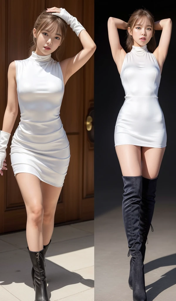 8k, masterpiece, RAW Photos, Highest quality, detailed:1.2),Realistic, Extremely detaileded CG unifies 8k, 8k, diamond, wallpaper, Written boundary depth, (Bright bedroom:1.2), Ray Tracing, (Very beautiful face, Beautiful Lips, Beautiful Eyes), intricate detailed face, ((ultra detaileded skin)) One Girl, Cute Korean Girl, K-POPアイドル,(Slim figure), ((Viewer Display)), (Body Conscious),(光沢のあるSilk long dress:1.5),(Tight fit:1.2),(High neck),(Injection Sleeve:1.1),(Silk long dress:1.5) ,(Opera Gloves:1.5),(Knee-high boots:1.5),Cute Korean Girl,Clear Eyes, walking , (Pale skin), (Big eyes), ((Full Body Shot:1.5)), Bodycon mini dress, Tight mini dress , Navy blue mini dress, Plain Dress, Turn back, Side Shot, Slim figure, Healthy Thighs, Thigh Gap、(Place your arms behind your head:1.3)