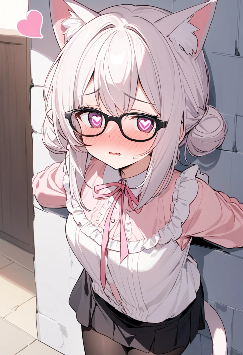 I have white pink hair, cat ears, a bun, my face is super blushing, black glasses, pink heart eyes, a blouse that reaches to my shoulders, a short black skirt, black stockings, white tennis shoes, a tail of cat a very shy girl who is glued to a wall with her butt