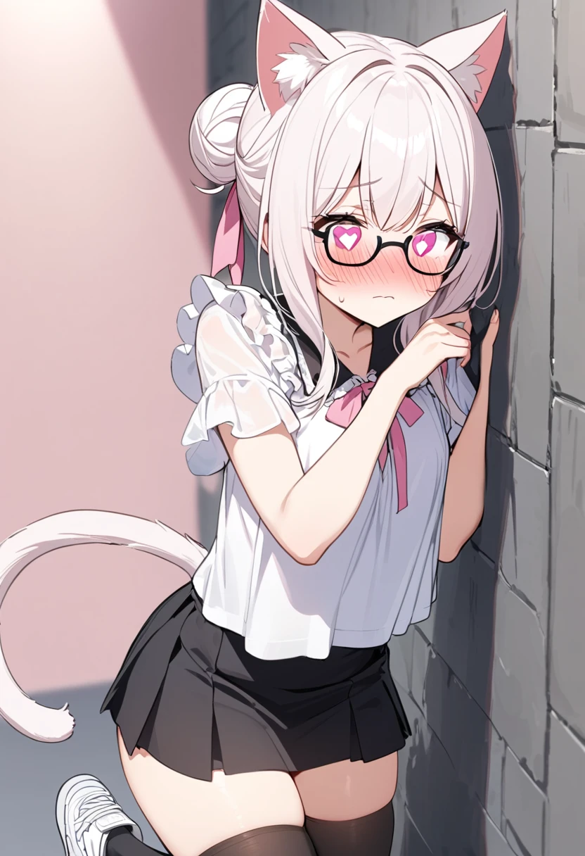 I have white pink hair, cat ears, a bun, my face is super blushing, black glasses, pink heart eyes, a blouse that reaches to my shoulders, a short black skirt, black stockings, white tennis shoes, a tail of cat a very shy girl who is glued to a wall with her butt