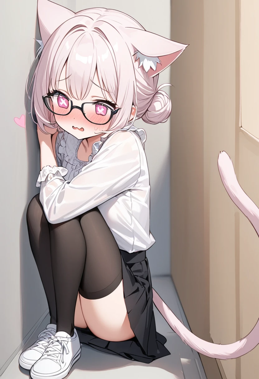 I have white pink hair, cat ears, a bun, my face is super blushing, black glasses, pink heart eyes, a blouse that reaches to my shoulders, a short black skirt, black stockings, white tennis shoes, a tail of cat a very shy girl who is glued to a wall with her butt