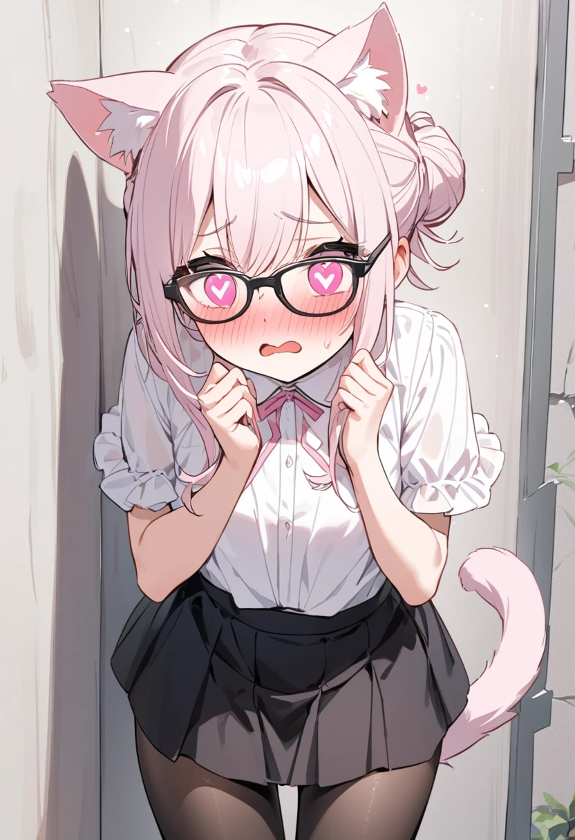 I have white pink hair, cat ears, a bow, a super blushing face, black glasses, pink heart eyes, and you are naked, a cat tail, a very shy girl.