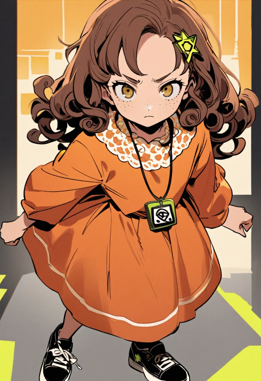 a  around six years old. She has curly, slightly reddish brown hair, her eyes are green, she wears an inverted pentagram barrette in her hair and a bead necklace with a radiation warning symbol hanging as a pendant and an orange dress and black sneakers, she wears stylish clothes 50s. She has freckles on her face and a serious expression on her face.