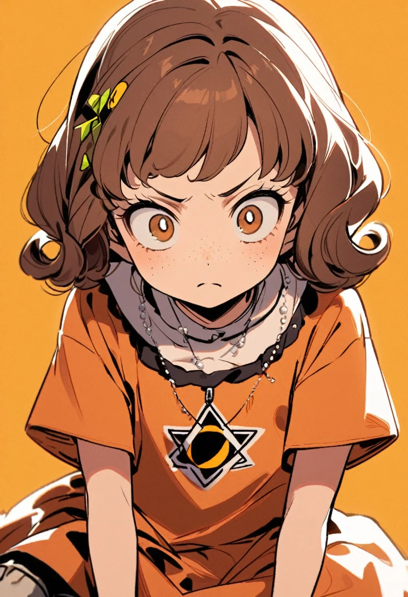 a around . She has curly, slightly reddish brown hair, her eyes are green, she wears an inverted pentagram barrette in her hair and a bead necklace with a radiation warning symbol hanging as a pendant and an orange dress and black sneakers, she wears stylish clothes 50s. She has freckles on her face and a serious expression on her face.