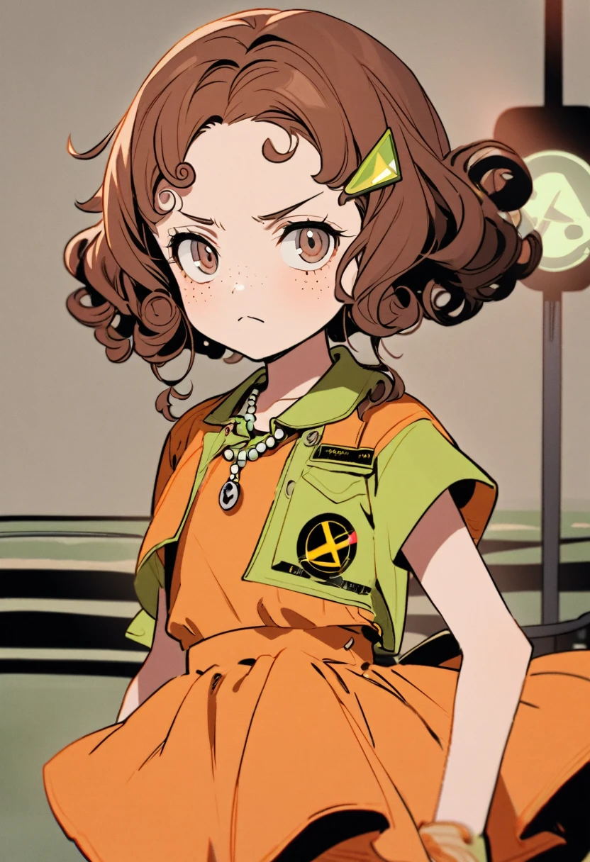 a  around six years old. She has curly, slightly reddish brown hair, her eyes are green, she wears an inverted pentagram barrette in her hair and a bead necklace with a radiation warning symbol hanging as a pendant and an orange dress and black sneakers, she wears stylish clothes 50s. She has freckles on her face and a serious expression on her face.