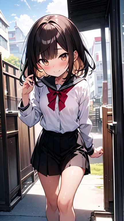 (((Let's think step by step))),Highest quality, masterpiece, Ultra-high resolution, 8k,Show anime style ,Soft Line Art, Digital Enhancement, shojo anime touch, shojo manga core, Flowing fabric, close, Soft Drawing, Ultra-Definition Digital Anime Art, Clear facial depiction, Super detailed girl cartoon character art, Ultra-detailed manga style, Highest qualityの色, (((1People Women))),(A woman with short brown hair),Beautiful brown hair, (((Clear brown eyes))), Slightly chubby,Small breasts,The butt is small,Outdoor,White summer clothes,Sunshine shining through the gaps in the clouds,Looking up at the sky,The sunshine hits my face,dazzling,Block the sunlight with your right hand,Bright expression,A kind smile,Angle that allows you to see all the way to your toes