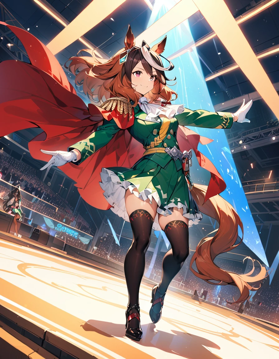 (8k, RAW photo, highest quality, masterpiece), (solo, 1 girl, ahoge: 1.2), ink painting, Uma Musume, shine, horse ears, horse tail, Uma Musume, 5 fingers, dynamic lighting, High resolution, sharp focus, depth of field, fashionable, elegance, charming, seductive, gorgeous, stunning, beautiful, charming, cute, beautiful detailed face, beautiful detailed eyes, soft expression, slim beautiful figure, Curvy, hourglass shape, large bust, slender arms, graceful hands, delicate fingers, slender wrists, elegant neck, smooth skin, dynamic angles, perfect composition, Perfect anatomy, natural fingers, 5 fingers,((symboli rudolf \(umamusume\),full body, smile, Looking forward, stage, indoors, dancing,white gloves, black thighhighs,  white ascot, red cape, single epaulette, long sleeves, green jacket, frills, medal, jewelry, green skirt, buttons,