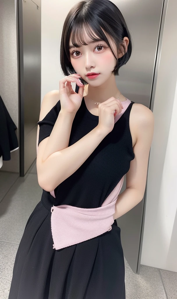1girl,black hair,short hair,dress pink,realistic,ultra detail,70mm less