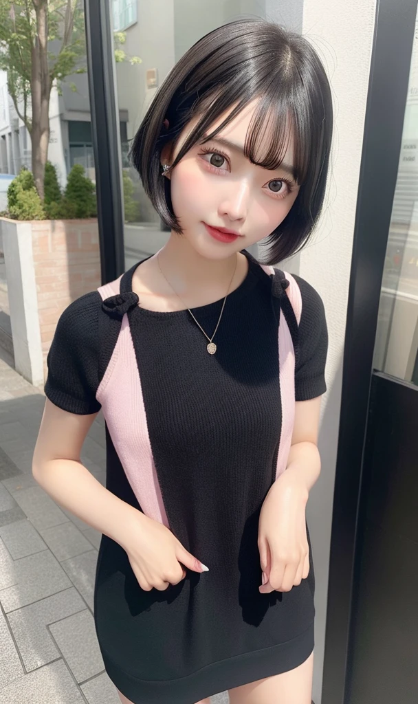 1girl,black hair,short hair,dress pink,realistic,ultra detail,70mm less