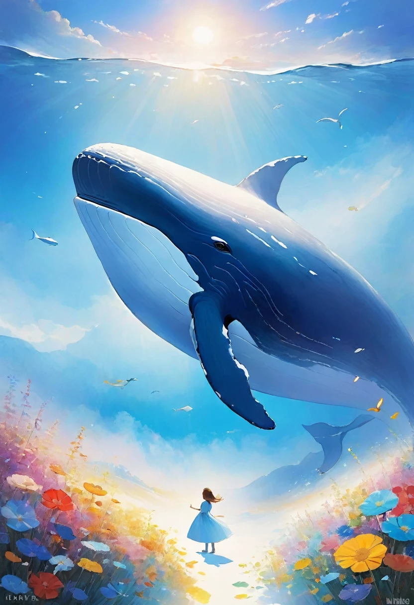 Highest quality:1.2、masterpiece:1.2、(((blue whale)))、(((Solo Whale)))、(((空を飛ぶblue whale)))、Above the Clouds、There is no sea、Blue sky、White sun、ゆっくりと泳ぐblue whale、Above the Cloudsを泳ぐクジラ、no gravityのクジラ、no gravity、