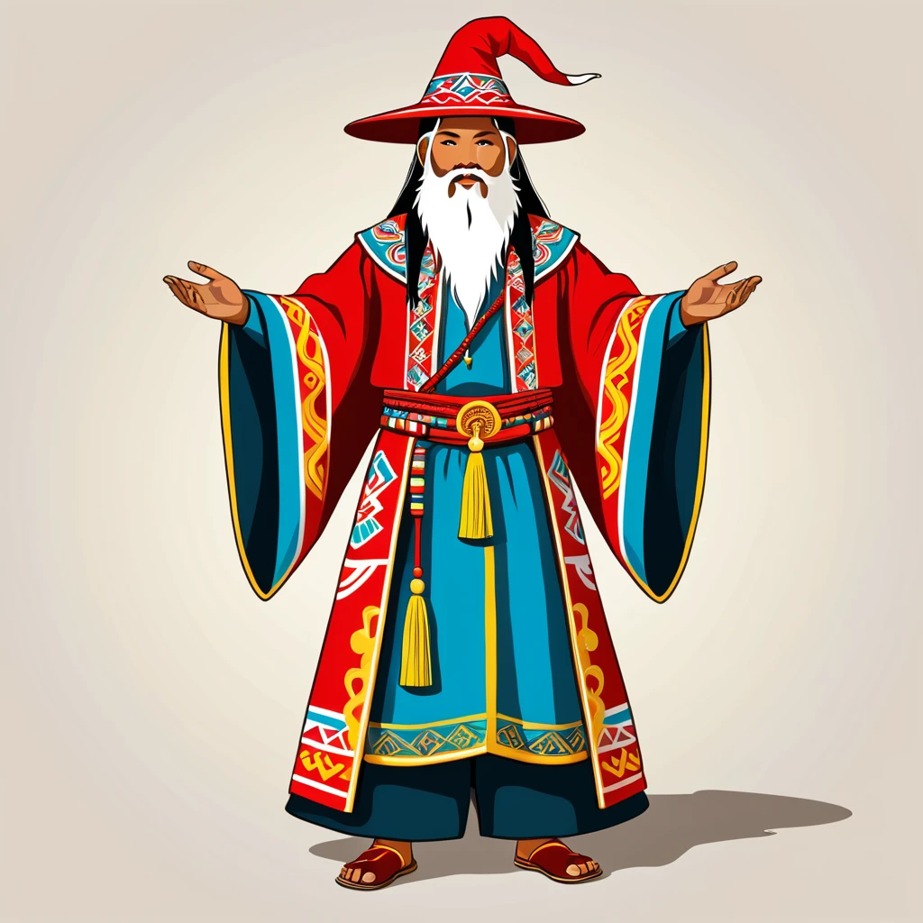 japanese wizard in peruvian folk outfit, vector graphics, strong contours

