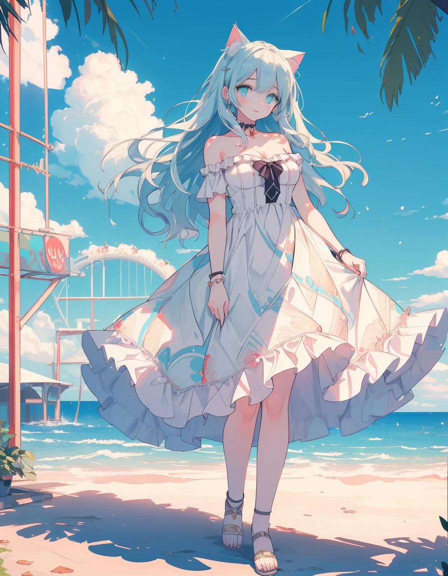 amusement park, happy, full body, dress, ((masterpiece, best quality:1.5)), ((Beautiful detailed cat aqua eyes:1.2)), cat ears, pale skin, medium breasts, beautiful hands, beautiful fingers, EasyNegative