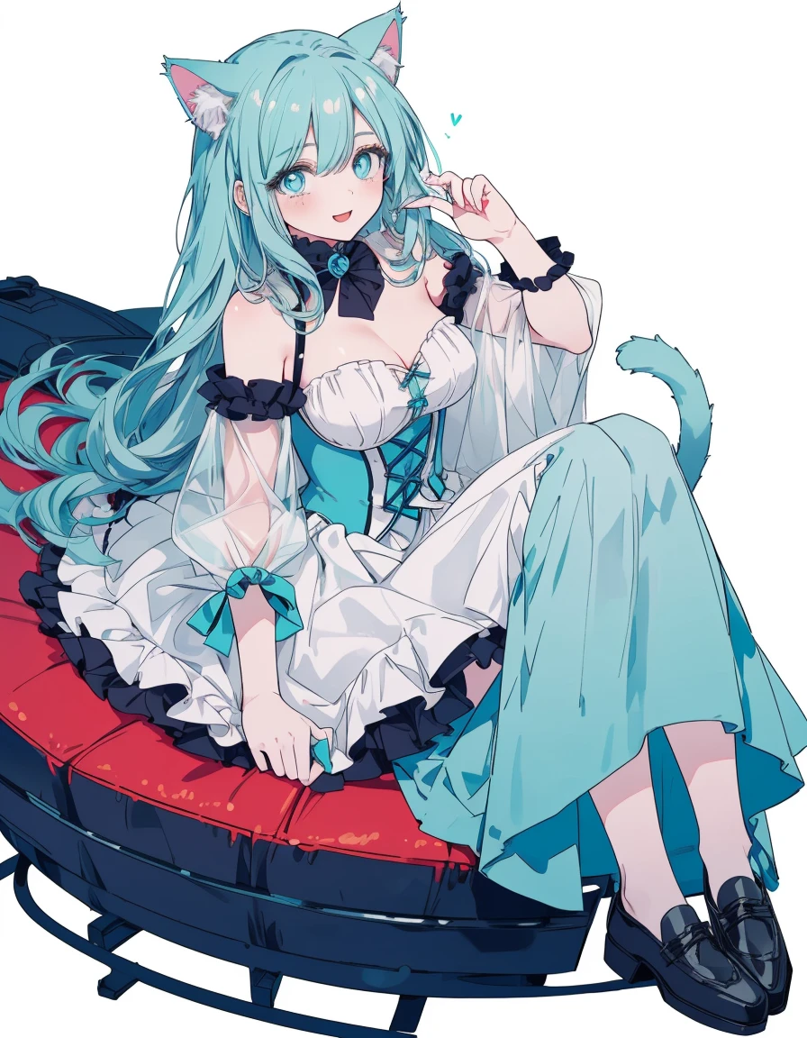amusement park, happy, full body, dress, ((masterpiece, best quality:1.5)), ((Beautiful detailed cat aqua eyes:1.2)), cat ears, pale skin, medium breasts, beautiful hands, beautiful fingers, EasyNegative