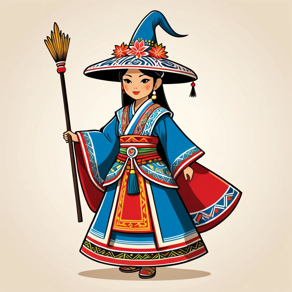 japanese mage in peruvian folk outfit, vector graphics, strong contours
