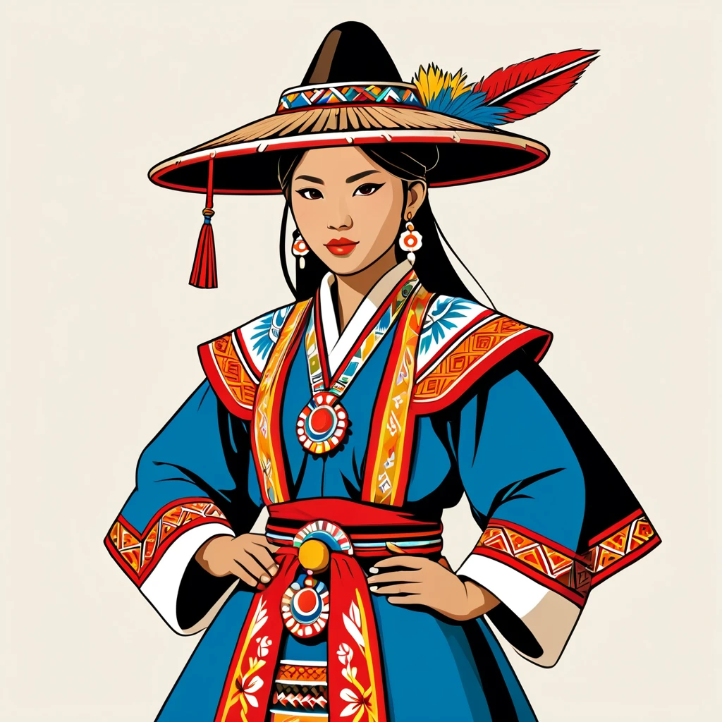 japanese mage in peruvian folk outfit, vector graphics, strong contours