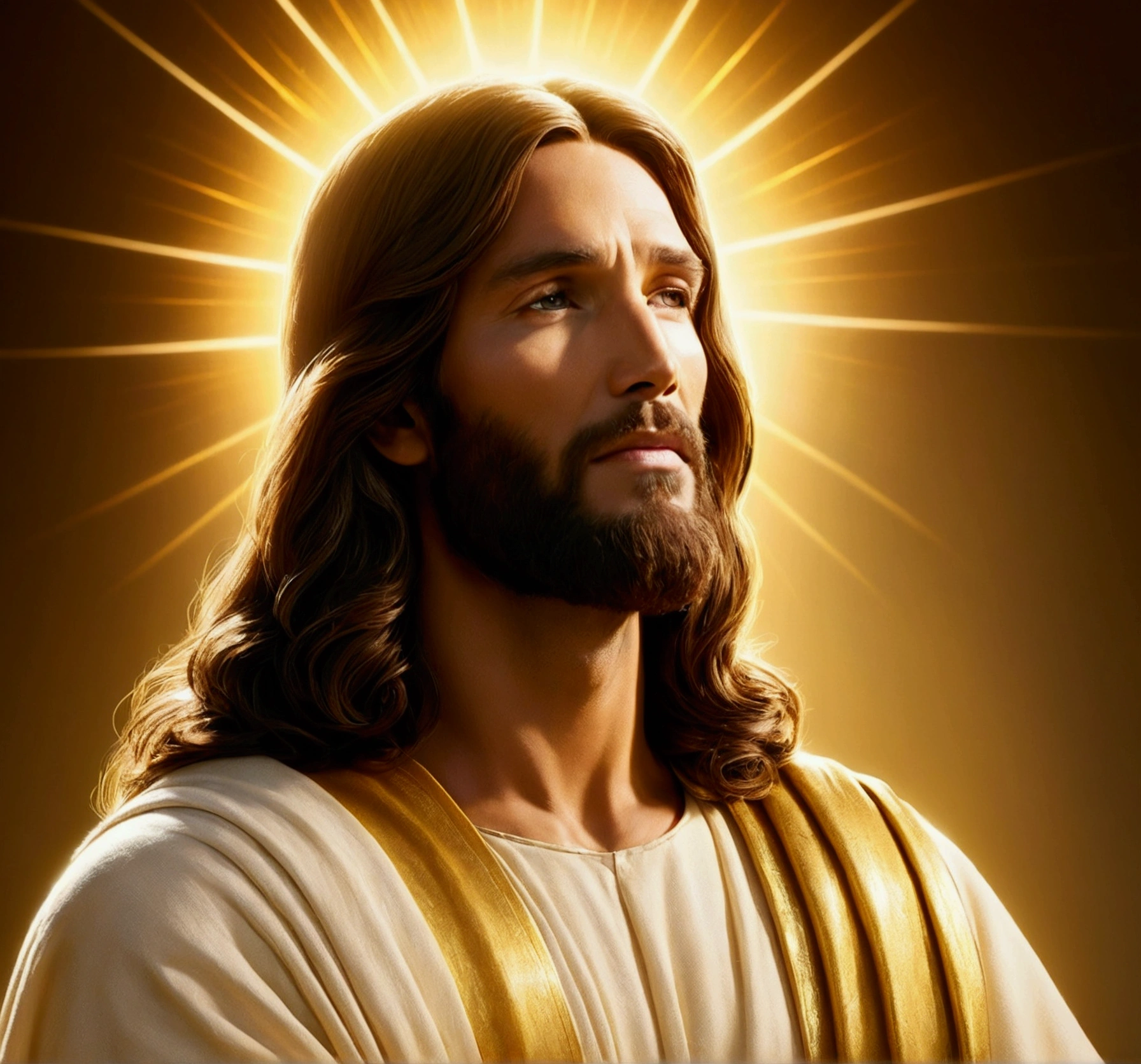 "A divine depiction of Jesus, his profile veiled in serenity, hands clasped in a reverent prayer, illuminated by a radiant halo of golden light."