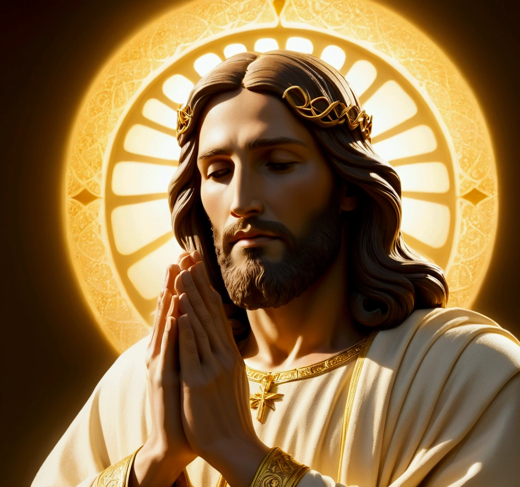 "A divine depiction of Jesus, his profile veiled in serenity, hands clasped in a reverent prayer, illuminated by a radiant halo of golden light."