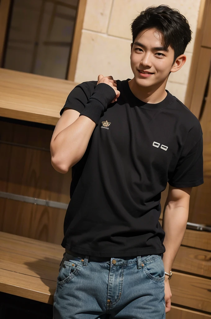 ((realistic daylight)) , Young Korean man in black sports shirt only, no pattern, denim shirt, jeans., A handsome, muscular young Asian man looks at the camera.  , in the restaurant ,turn sideways((realistic daylight)) , Young Korean man in black sports shirt only, no pattern, denim shirt, jeans., A handsome, muscular young Asian man looks at the camera.  , in the restaurant ,turn sideways, smile