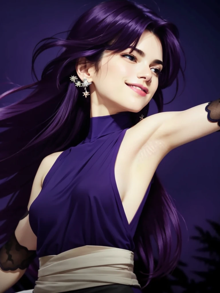 best quality, masterpiece, real life, realistic picture, 8K, image brightness : 65, image contrast : 45, soft color quality, soft skin, a beautiful , cute face, long purple hair, flowing hair, beautiful purple eyes, pink lips, smiling, happy expression, purple sleeveless halter top, big breasts, 1 arm is raised, showing smooth armpits