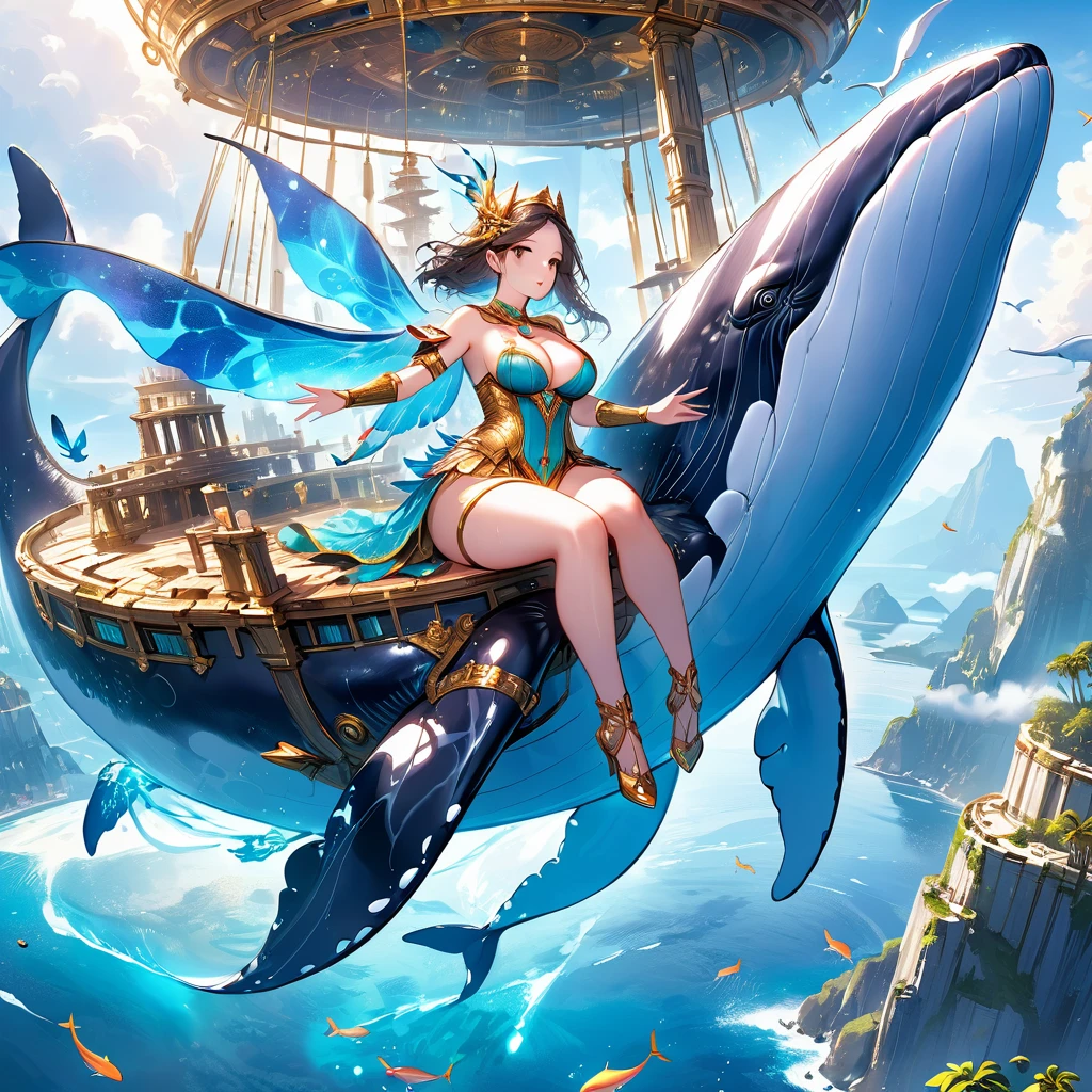 Fantastic Island,Ruins of an ancient civilization,Flying Ship,Flying Whale,flying fairy,(Highest quality,Extremely detailed depiction,Incredibly absurd high resolution,Anatomically accurate depiction,Nice hands, Perfect Fingers,Curvy Legs),(Glowing Skin,Shiny skin),A fantastic goddess in a gorgeous costume,There is cleavage in the chest,Glossy Lips,Sweat,Young beautiful woman,background:Mysterious sight,Fantasy