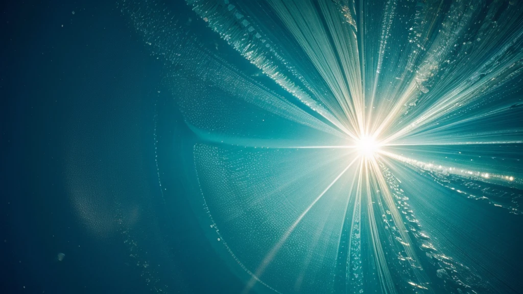 "Microscopic view of ocean water filled with glowing phytoplankton under sunlight."