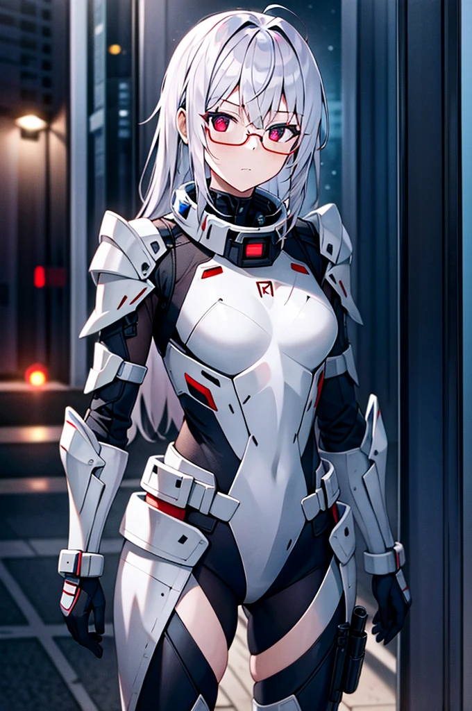 Masterpiece, solo, female, 1girl, 4k, standing, outdoor, white hair, white glasses, short, futuristic black soldier armor, cowboy shot's, Bokeh,red eyes, female soldier, bulletproof soldier armor, flat breast, flat chest, mature women, space soldier armor, guns holster