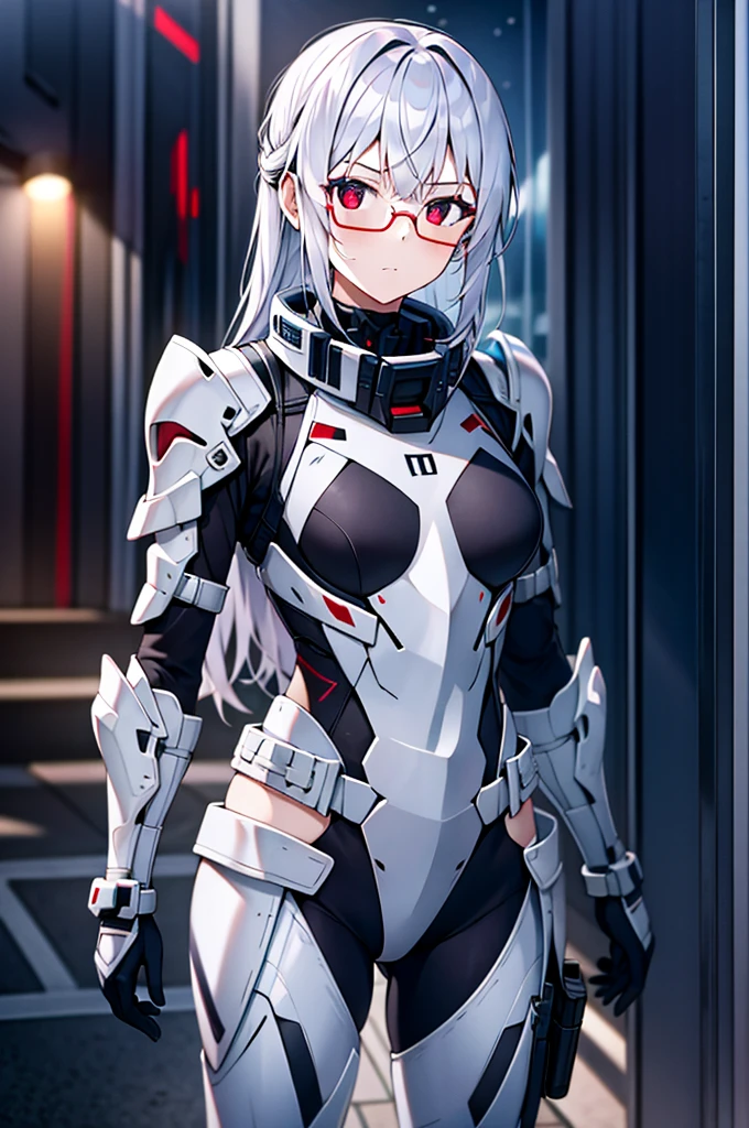 Masterpiece, solo, female, 1girl, 4k, standing, outdoor, white hair, white glasses, short, futuristic black soldier armor, cowboy shot's, Bokeh,red eyes, female soldier, bulletproof soldier armor, flat breast, flat chest, mature women, space soldier armor, guns holster 