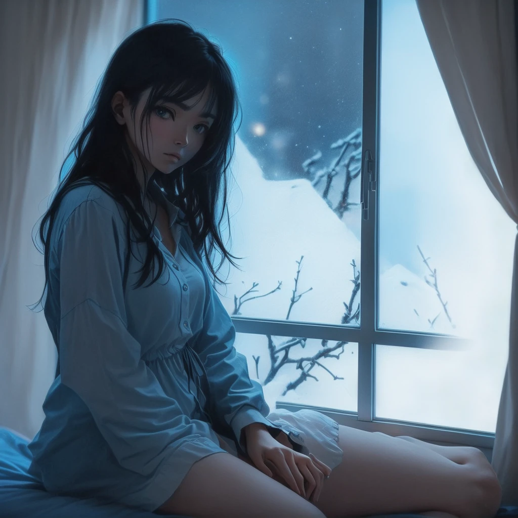 Arafed woman sitting on the bed in front of the window, 家のSomeone is sitting on the bed, Late night gloomy photos, Someone is sitting on the bed, Sit on the edge of the bed, Cold blue light from the window, Sit on the edge of the bed, Beautiful lonely girl, extremely moody blue lighting, moody blue lighting, Lost in Thought