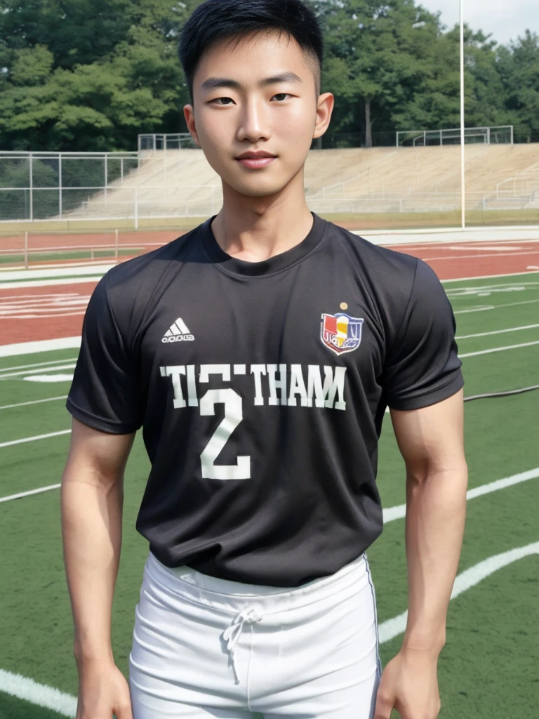 ((realistic daylight)) , Young Korean man in a simple black t-shirt only, no pattern, and jeans., A handsome, muscular young Asian man looks at the camera. , in the football field ,turn sideways