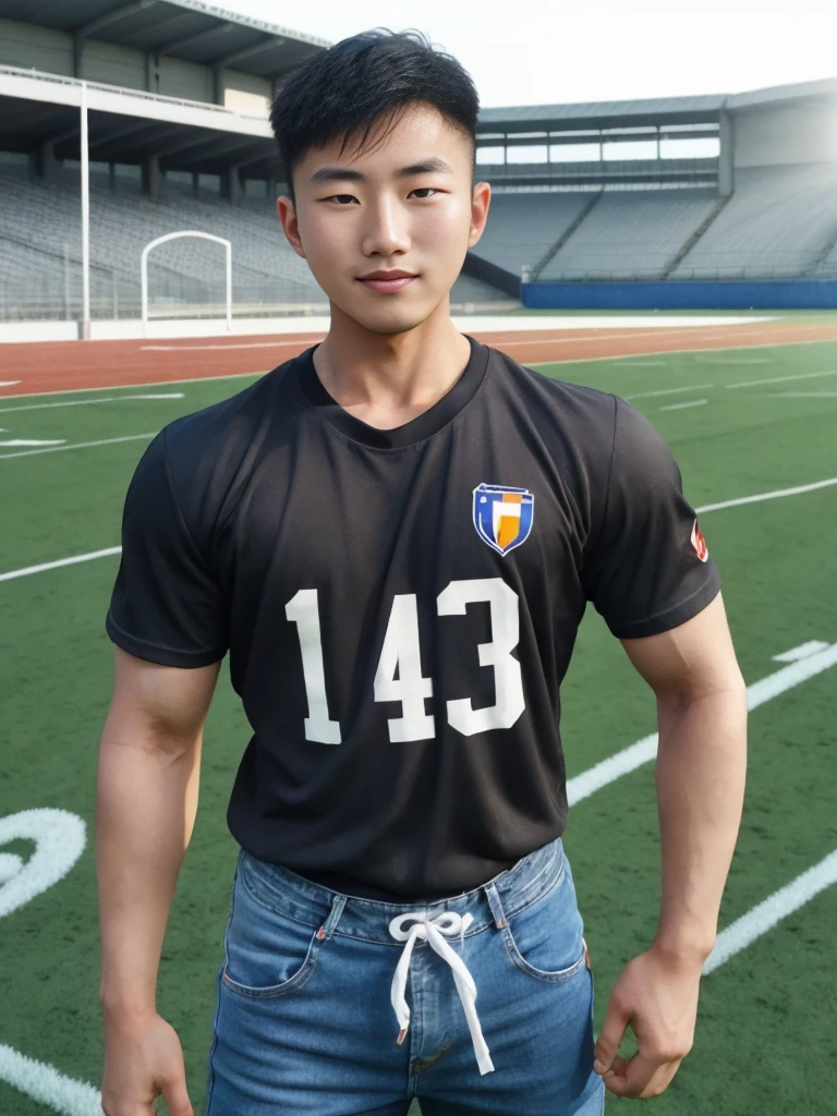 ((realistic daylight)) , Young Korean man in a simple black t-shirt only, no pattern, and jeans., A handsome, muscular young Asian man looks at the camera. , in the football field ,turn sideways