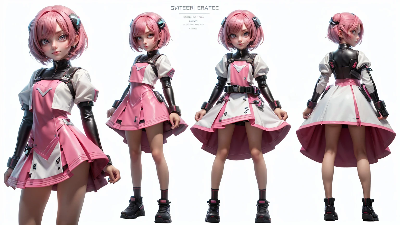 cute girl in a short gaming dress , short hairs , pink hairs, white dress, gaming , smiling face, short dress full straight standing pose, , Character Sheet, Full body, modern girl, games girl, Simple white background, character reference sheet, Concept art, design sheet, HD, full body, standing, modern futuristic dress,