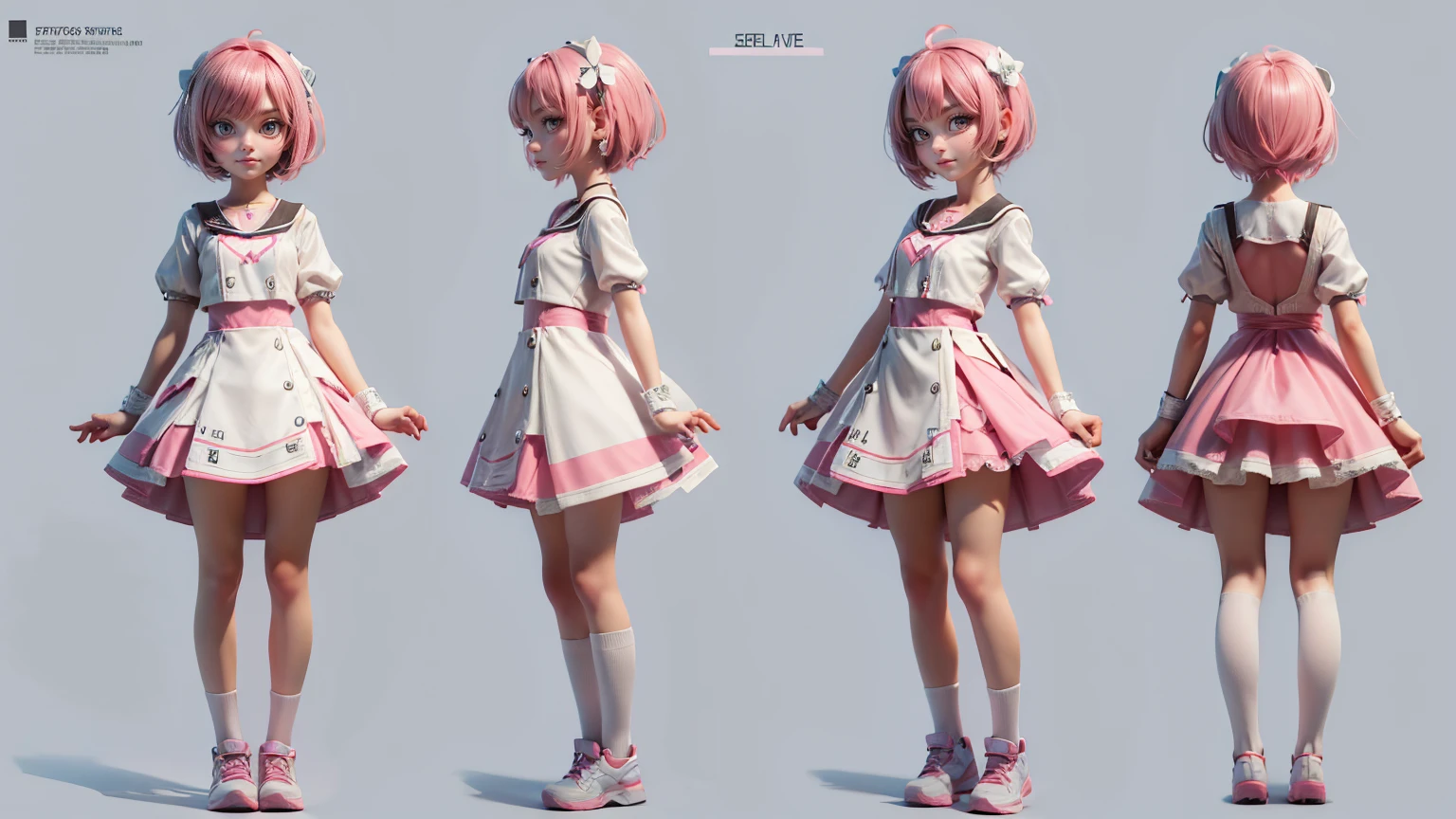 cute girl in a short gaming dress , short hairs , pink hairs, white dress, gaming , smiling face, short dress full straight standing pose, 14yo student, Character Sheet, Full body, modern girl, games girl, Simple white background, character reference sheet, Concept art, design sheet, HD, full body, standing, modern futuristic dress,