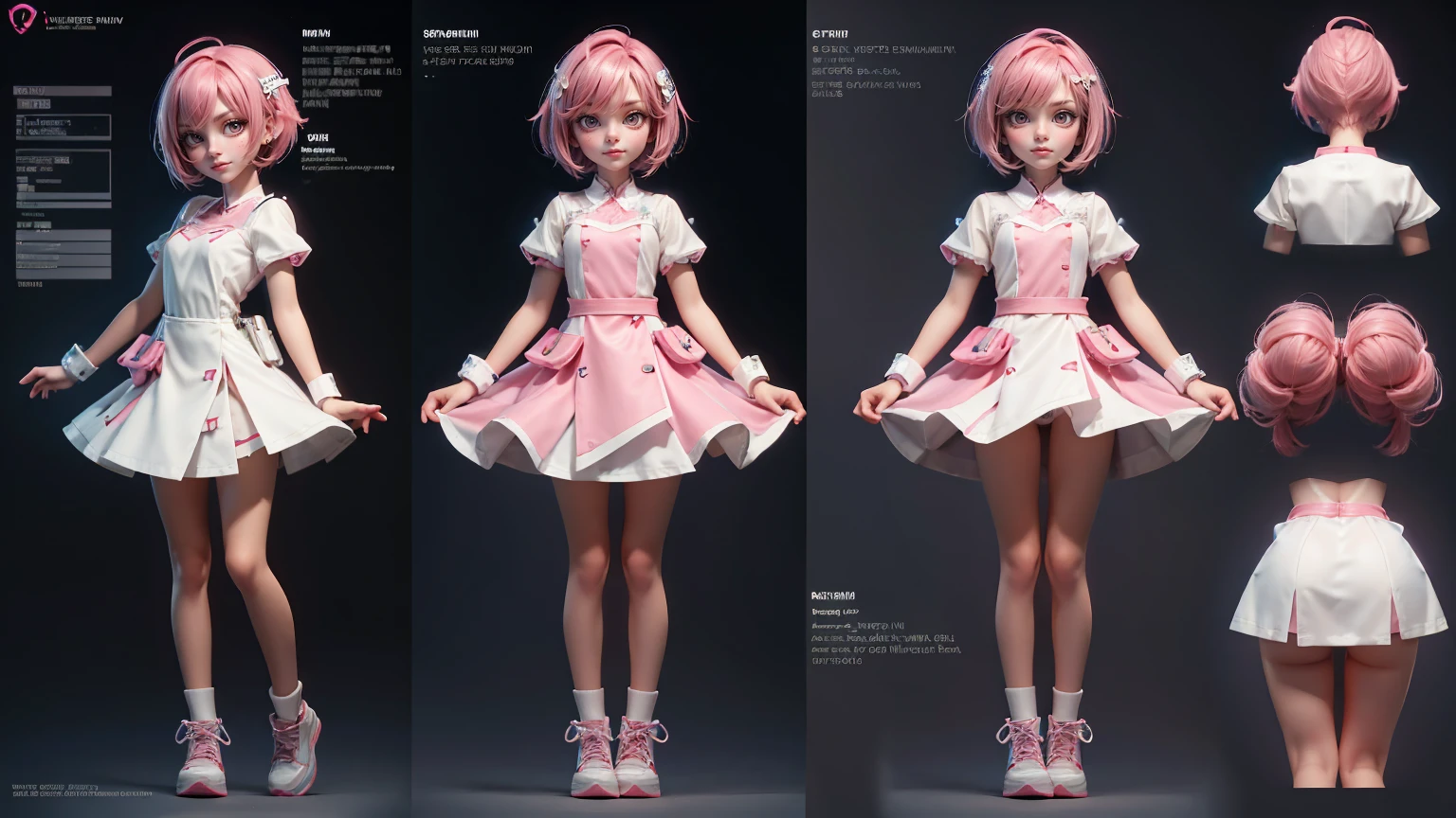 cute girl in a short gaming dress , short hairs , pink hairs, white dress, gaming , smiling face, short dress full straight standing pose, 14yo student, Character Sheet, Full body, modern girl, games girl, Simple white background, character reference sheet, Concept art, design sheet, HD, full body, standing, modern futuristic dress,