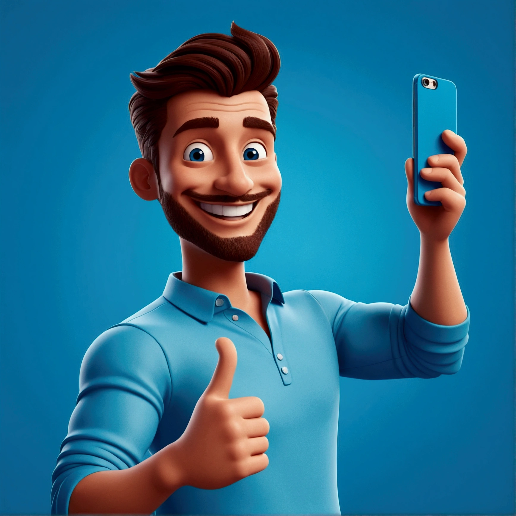 a cartoon man Posing for a selfie with a captivating smile, perfect for promoting a vibrant lifestyle, in the style of animated gifs, clean and simple designs, 3d, a predominant color blue