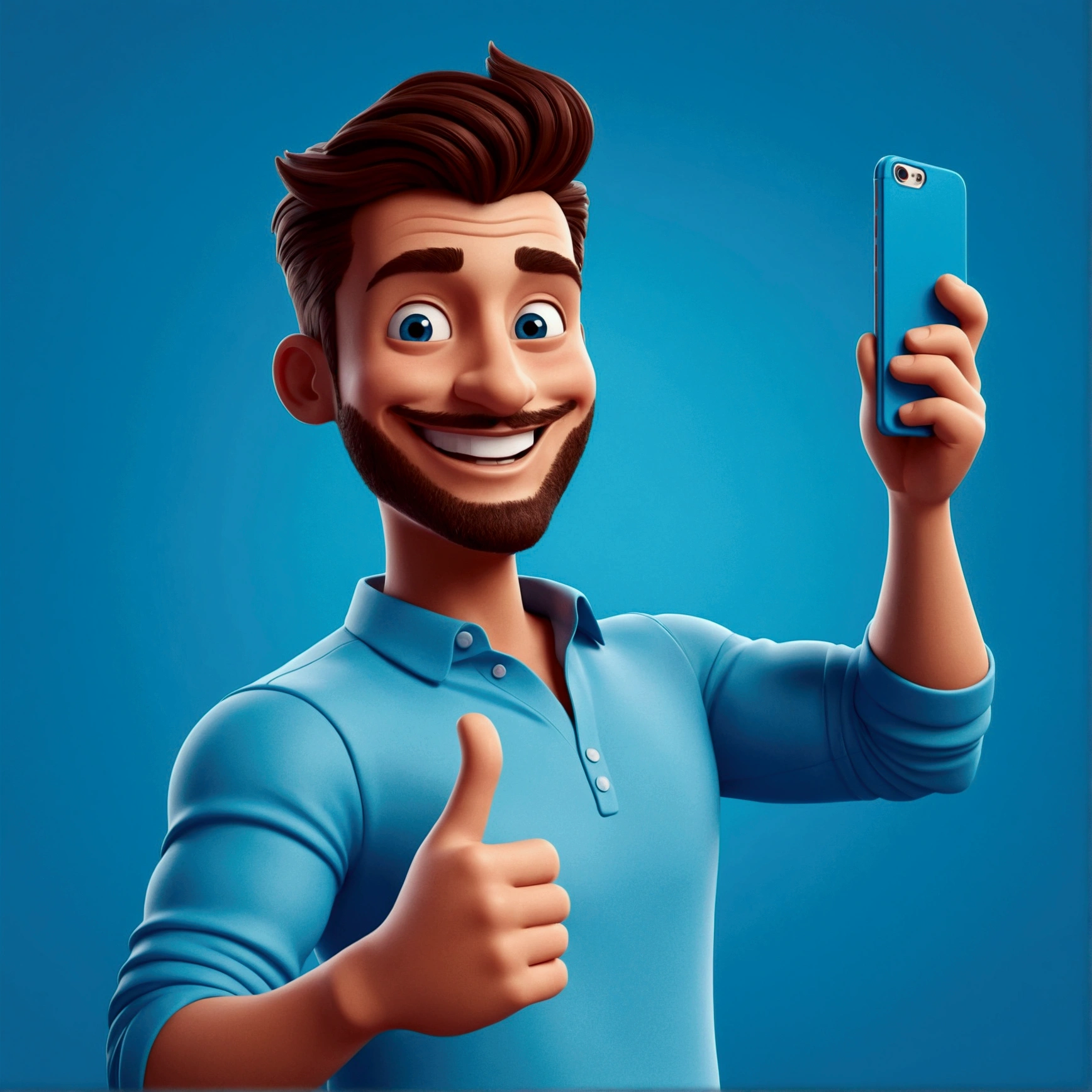 a cartoon man Posing for a selfie with a captivating smile, perfect for promoting a vibrant lifestyle, in the style of animated gifs, clean and simple designs, 3d, a predominant color blue