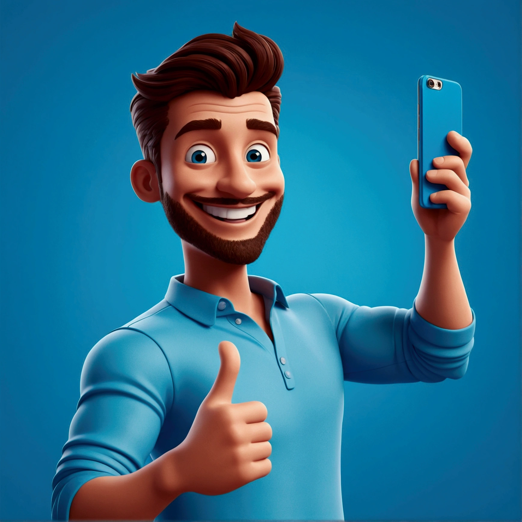 a cartoon man Posing for a selfie with a captivating smile, perfect for promoting a vibrant lifestyle, in the style of animated gifs, clean and simple designs, 3d, a predominant color blue