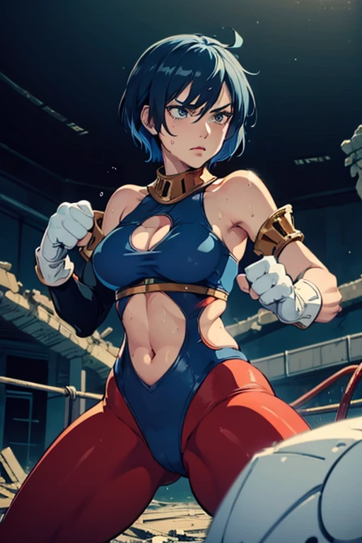 (best quality,masterpiece,ultra highres,cel anime,8k:1.2),(1man:1.5),1mature woman in(short blue haired,30years old), BREAK (in the ruins:1.5),(dark night:1.2),(abs:0.8), BREAK (blue leotard in red line:1.3), BREAK (red yoga pants:1.4), BREAK (white gloves:1.4), BREAK (navel cutout:1.5),(sweat:1.2),(sholder bare), BREAK (selious, scowl:1.2),(motion blur),(fighting stance:1.3),(punching,rushpunch:1.4),