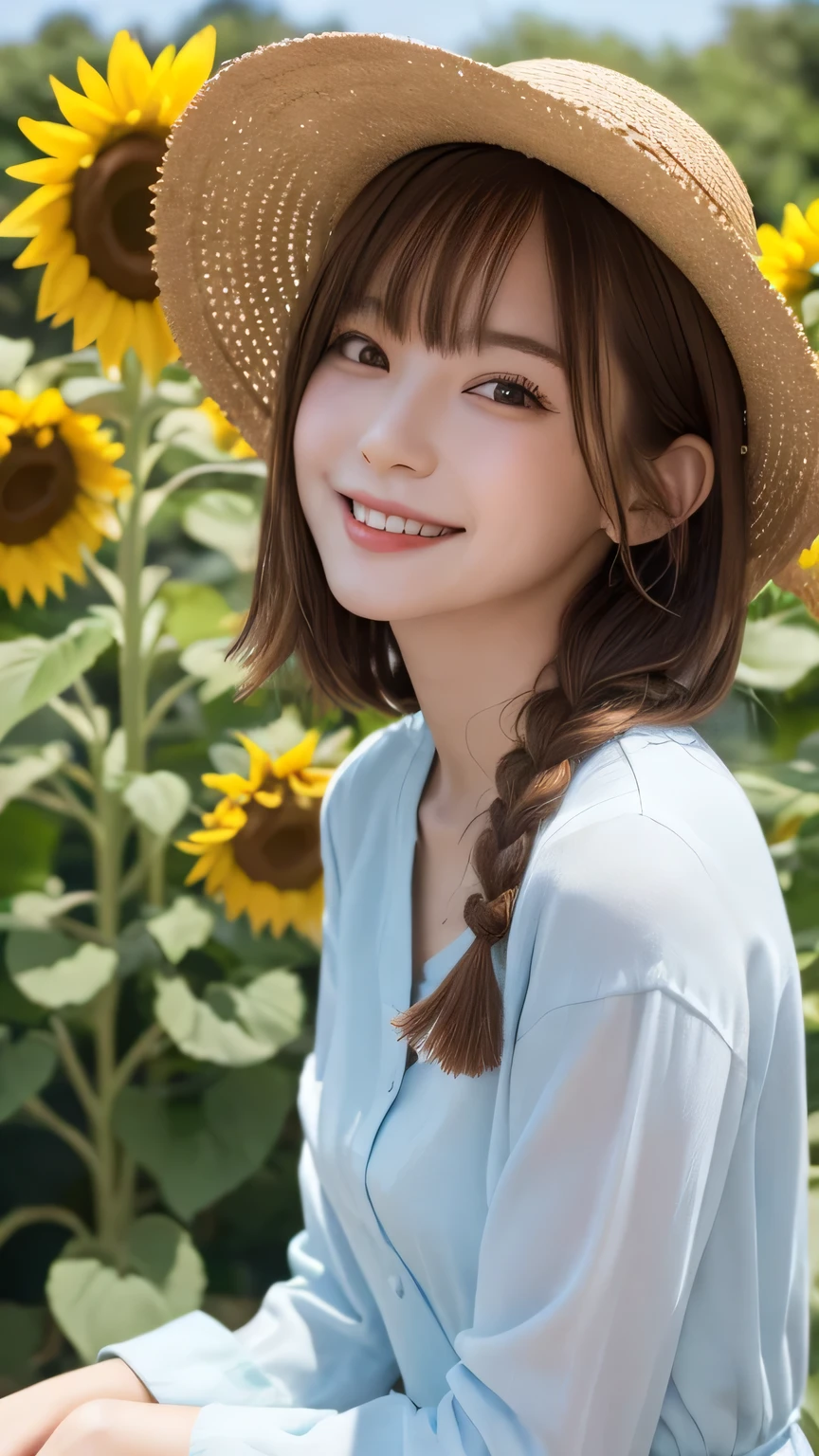 Best picture quality (8k, high resolution, Masterpiece: 1.2), super detailed, 215 Short Hair,Three braids long hair, 26-year-old woman,
situation: Stroll through the sunflower fields that stretch out as far as the eye can see。
camera angle: A low angle shot of her with sunflowers in the background。
clothing: Bright summer dress and straw hat。
detailed: Smiling and looking up at sunflowers。
,Active Pause ,
Beside her、The thunder danced。
Focus on the waist above
, random cute pose ,big eyes ,Puffy eyes , Heart Pupil, blush , huge shy smile , salute