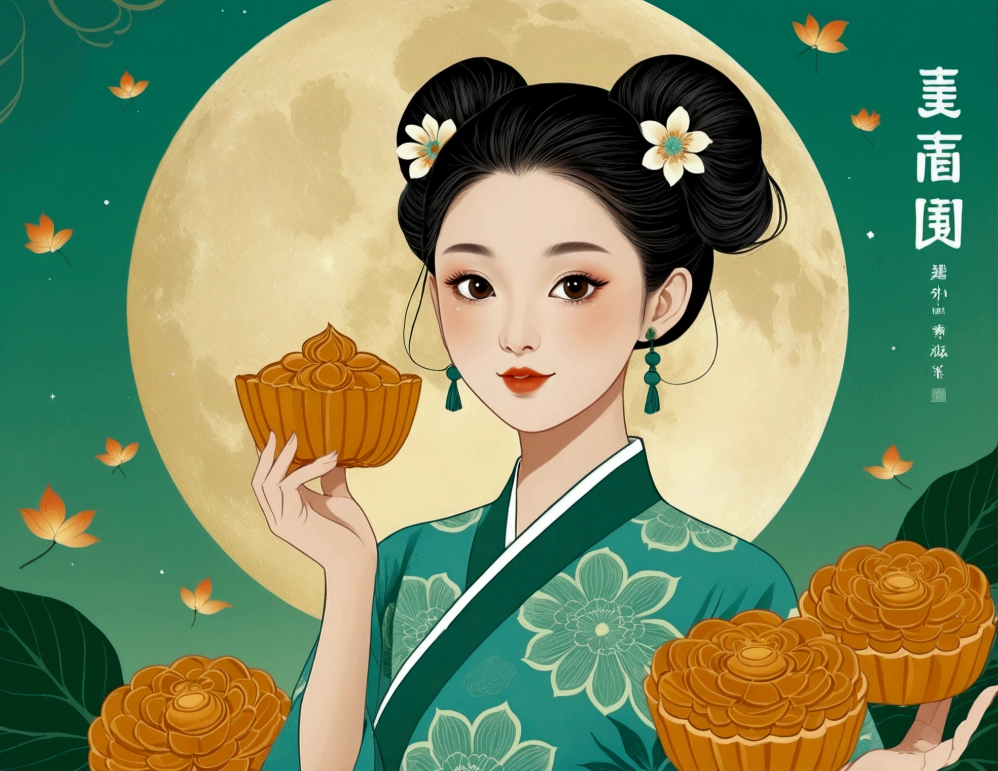 Mid-Autumn Festival poster design,girl,Cyan and Green,Starbucks mooncakes,moon,orange color,big eyes,Cute expression,Two hair buns,cheongsam,Cartoon,Fresh,romantic,Simplicity,Modern design