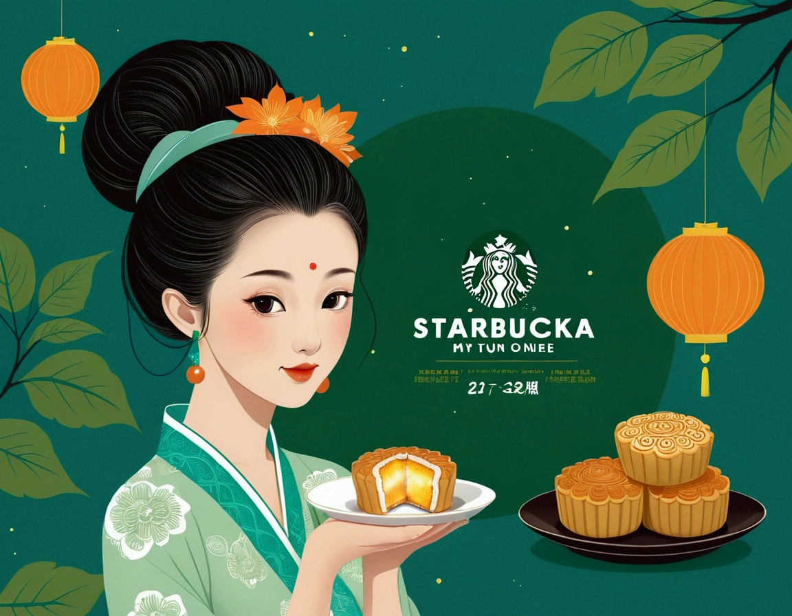 Mid-Autumn Festival poster design，girl，Cyan and Green，Starbucks mooncakes，moon，orange color，big eyes，Cute expression，Two hair buns，cheongsam，Cartoon，Fresh，romantic，Simplicity，Modern design